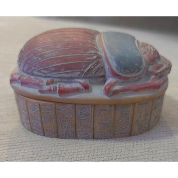 Handcrafted Egyptian-Style Scarab Trinket Box Hieroglyphic  Blue-Red Finish - Picture 4 of 12